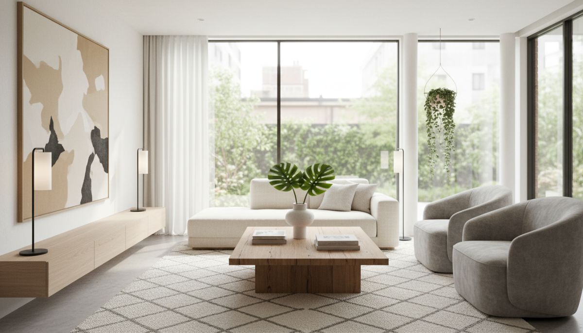 A bright, modern living room professionally staged with minimalist furniture, neutral color palette, large windows with natural light, and a touch of greenery on a wooden coffee table.