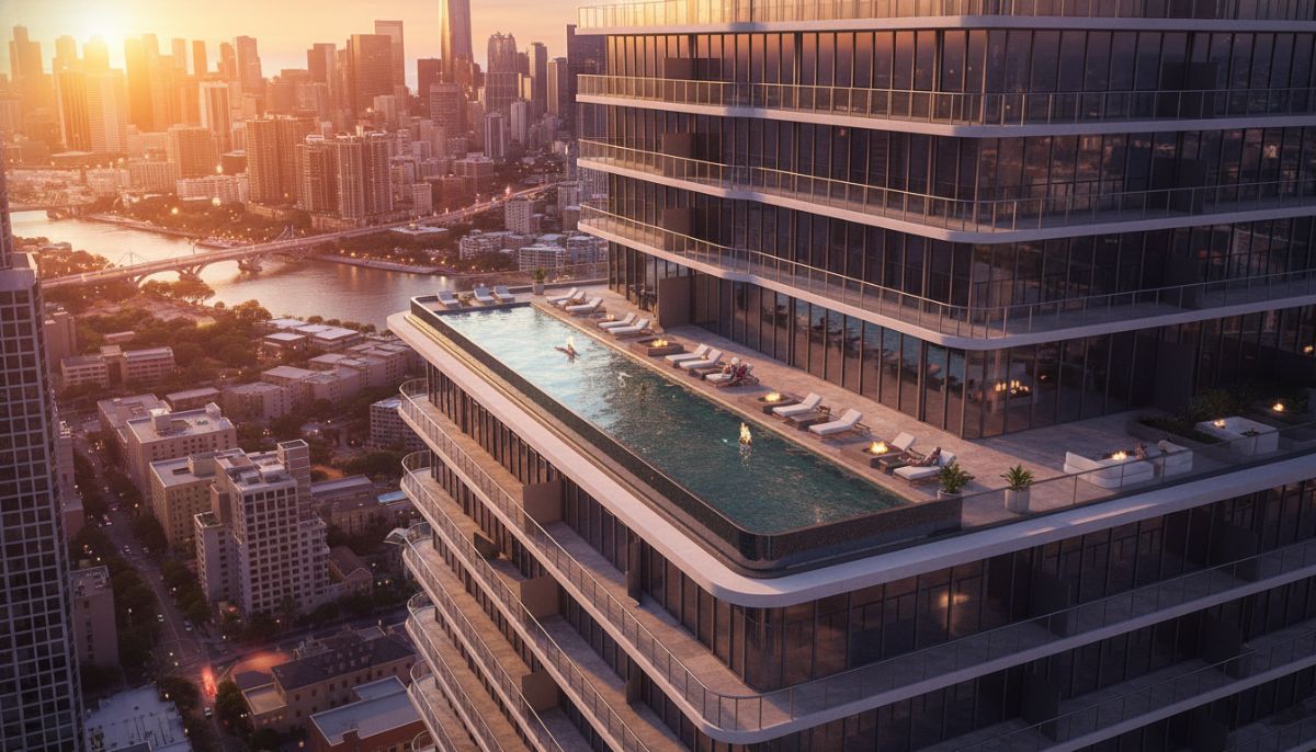A high-angle, cinematic view of a modern luxury condominium building at sunset, featuring sleek glass balconies, a rooftop pool with lounge chairs, and a glowing city skyline in the background. The lighting is warm and inviting, emphasizing a sophisticated urban lifestyle.