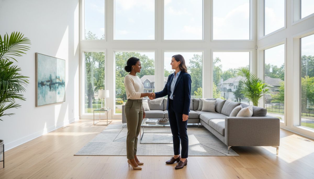 A professional real estate agent in a smart-casual blazer shaking hands with a diverse couple in a bright, modern living room with large windows showing a lush green neighborhood outside, high-quality architectural photography style.