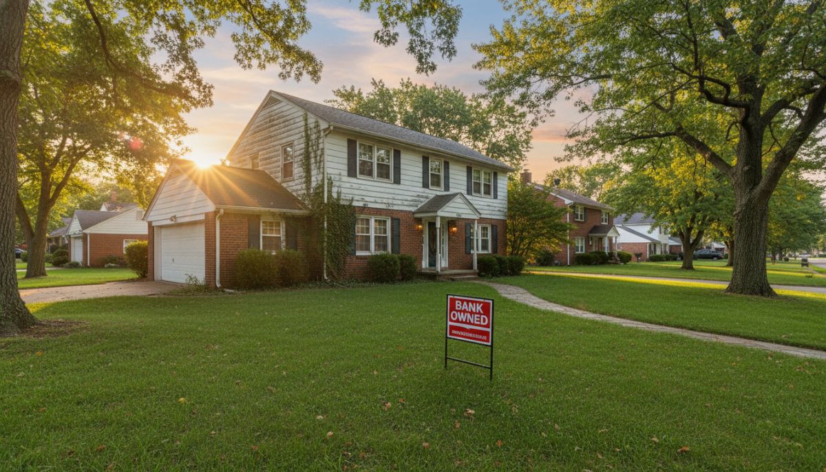 A professional real estate photograph of a charming but slightly weathered suburban house with a 'Bank Owned' sign in the front yard, lush green grass, and soft golden hour sunlight filtering through trees.