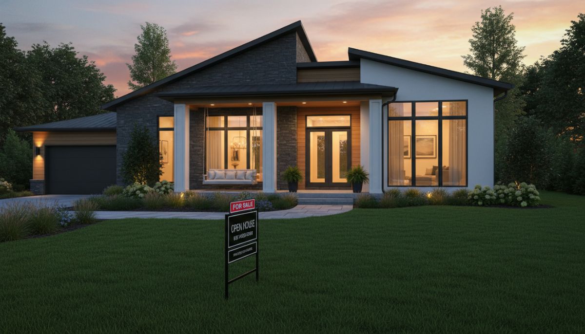 A stunning contemporary suburban home with a welcoming front porch, large windows, and a lush green lawn, featuring a 'For Sale' sign in the foreground under soft sunset lighting.