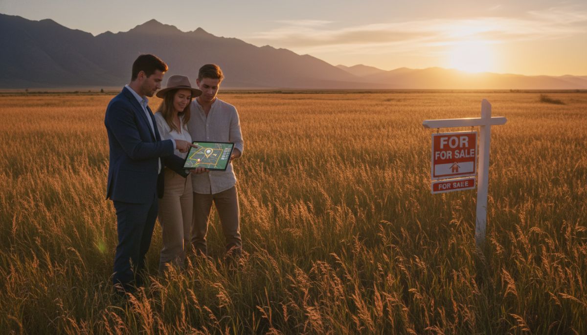 A professional real estate agent and a young couple standing on a vast, grassy field during a golden sunset, looking at a digital tablet showing a map of the property, with distant mountains and a 'For Sale' sign in the background.