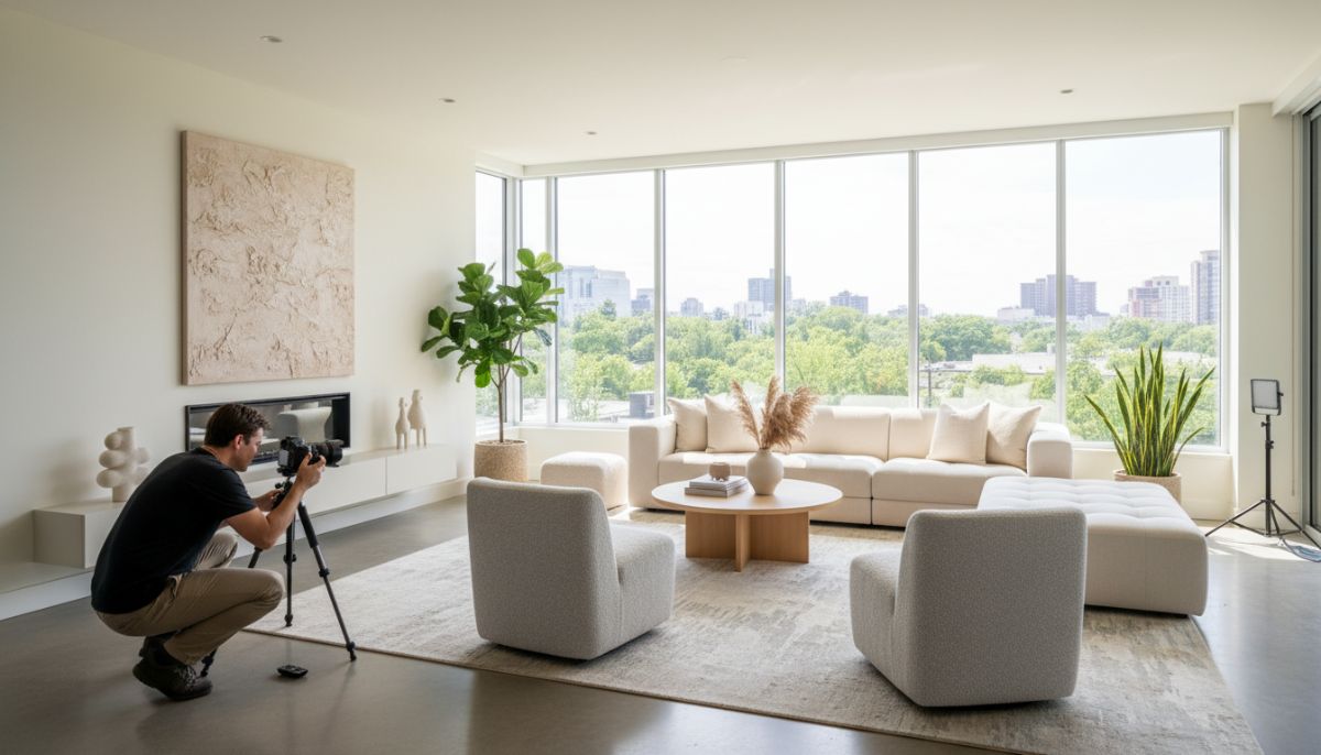 A professional real estate photographer capturing a bright, modern living room with large windows, minimalist furniture, and soft neutral tones to showcase a welcoming home interior.