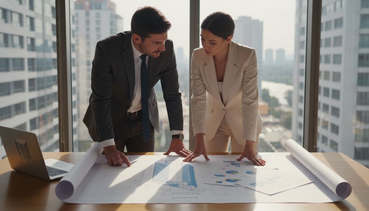 A professional businessman and businesswoman reviewing a large architectural blueprint of a modern glass office building on a wooden desk, surrounded by a laptop and financial charts, soft natural lighting, cinematic photography style