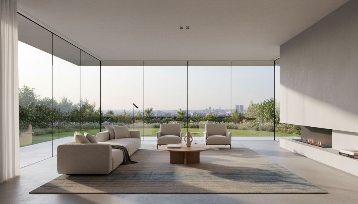 A wide-angle, high-resolution interior shot of a modern, open-concept living room in a new home, featuring large floor-to-ceiling windows, minimalist furniture, and soft natural lighting.