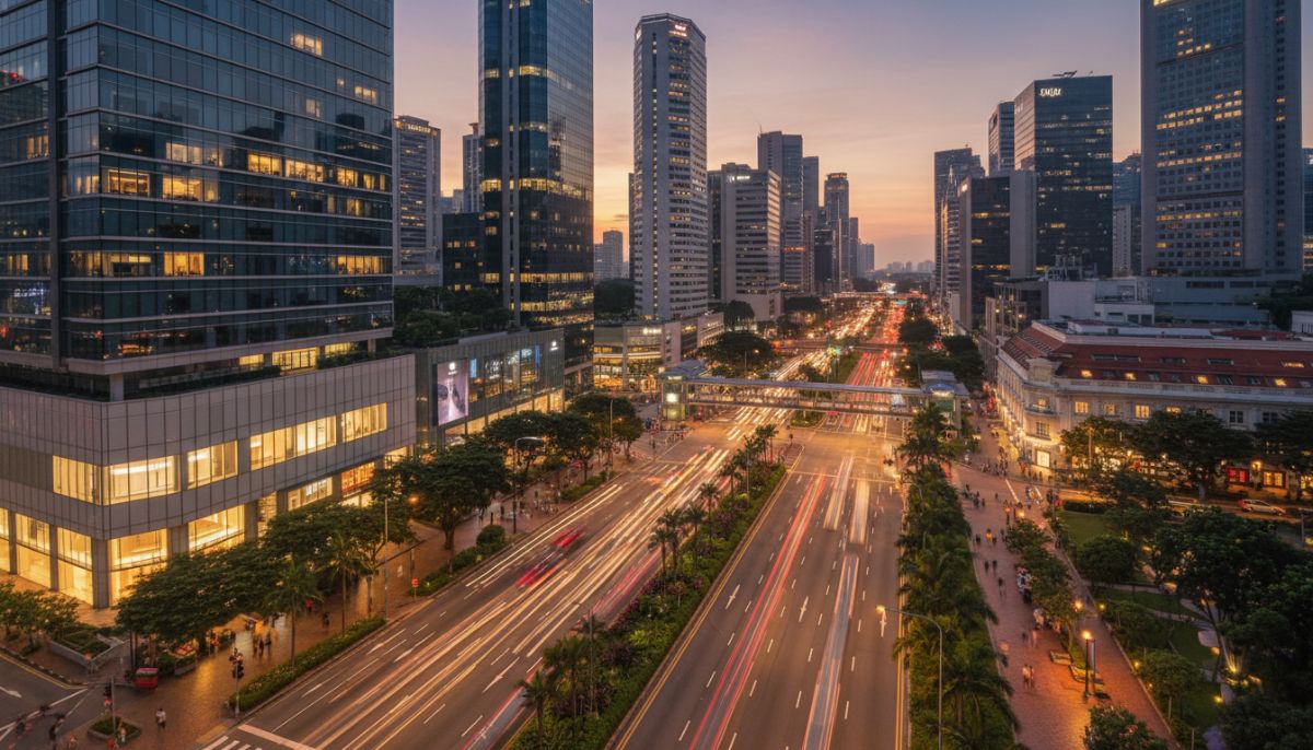 A wide-angle aerial shot of Orchard Road Singapore at twilight, featuring modern glass skyscrapers, luxury boutiques, lush roadside greenery, and organized traffic with soft bokeh lights.