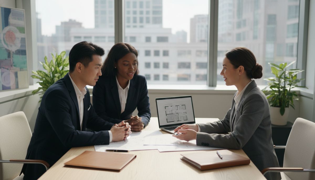 A professional real estate agent in a modern, sunlit office discussing a property contract with a diverse couple, high-quality photography, soft lighting, professional atmosphere, architectural blueprints and a laptop on the desk
