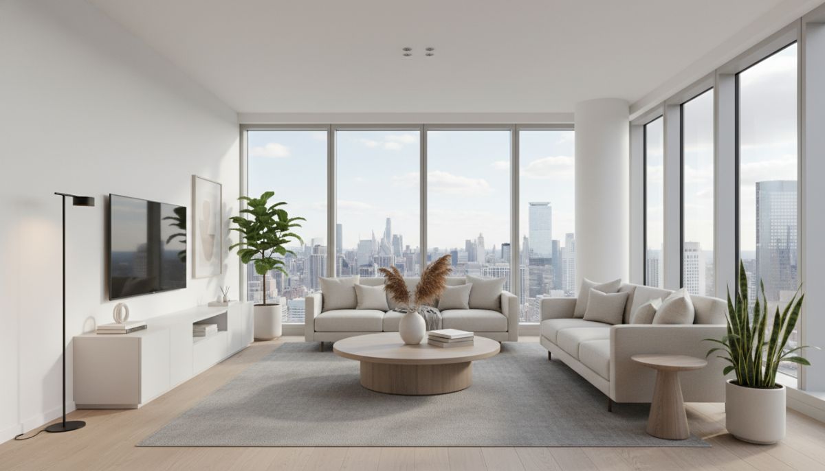 A wide-angle shot of a bright, modern living room professionally staged with minimalist furniture, large windows showing natural light, and a neutral color palette.