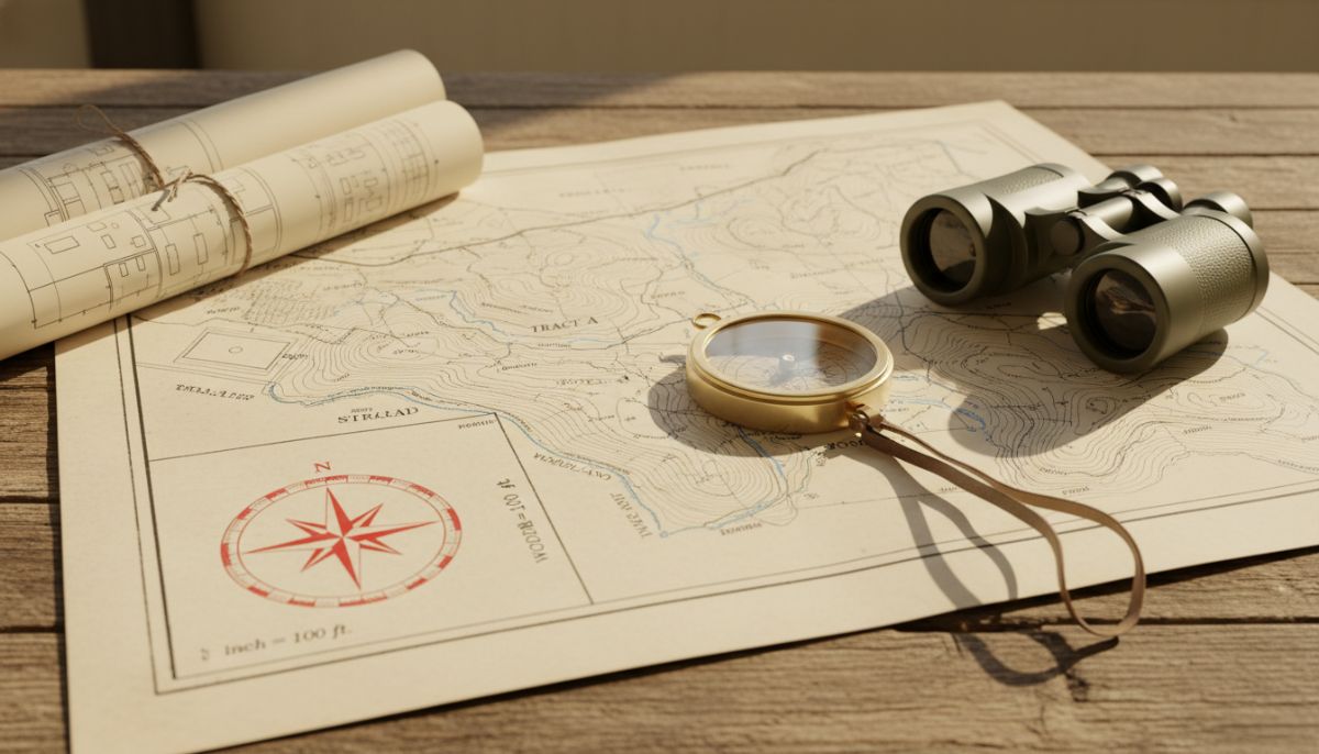 A professional survey map of a large rural property laying on a rustic wooden table next to a compass, a set of architectural blueprints, and a pair of binoculars, representing the planning phase of land ownership.