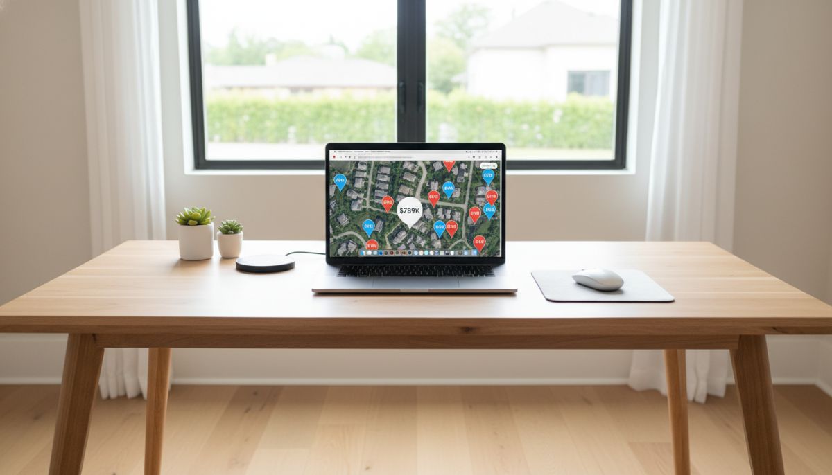 A clean, minimalist home office setup with a high-end laptop on a wooden desk showing the Zillow map interface with various price bubbles over a suburban neighborhood, bright natural light streaming from a window.